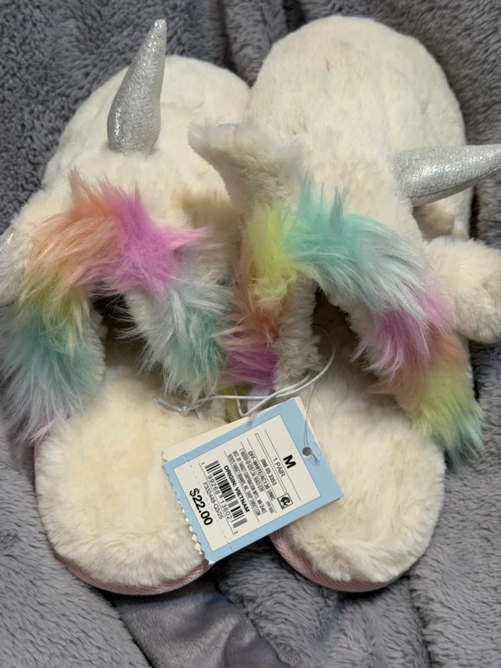 Cat & Jack Cream Unicorn Plush Slippers with Rainbow Mane
